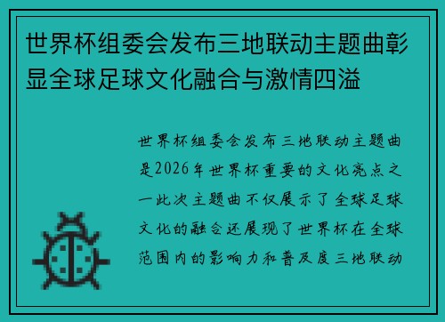世界杯组委会发布三地联动主题曲彰显全球足球文化融合与激情四溢 世界杯组委会发布三地联动主题曲彰显全球足球文化融合与激情四溢